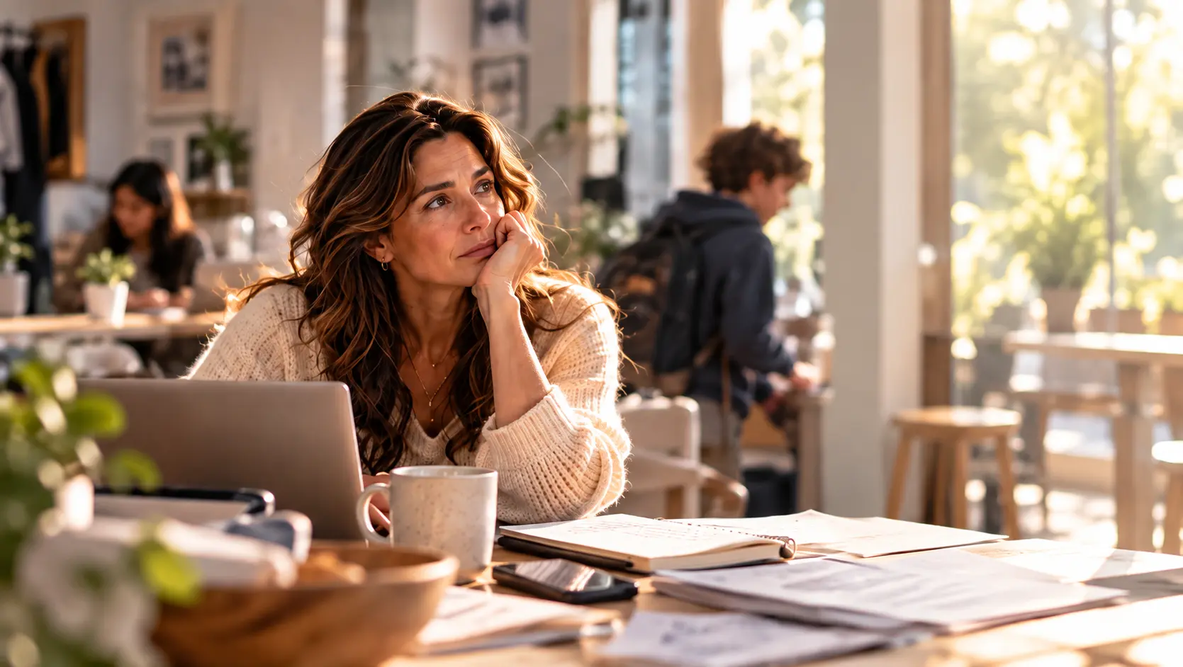 A woman at a cafe table surrounded by paperwork and a laptop