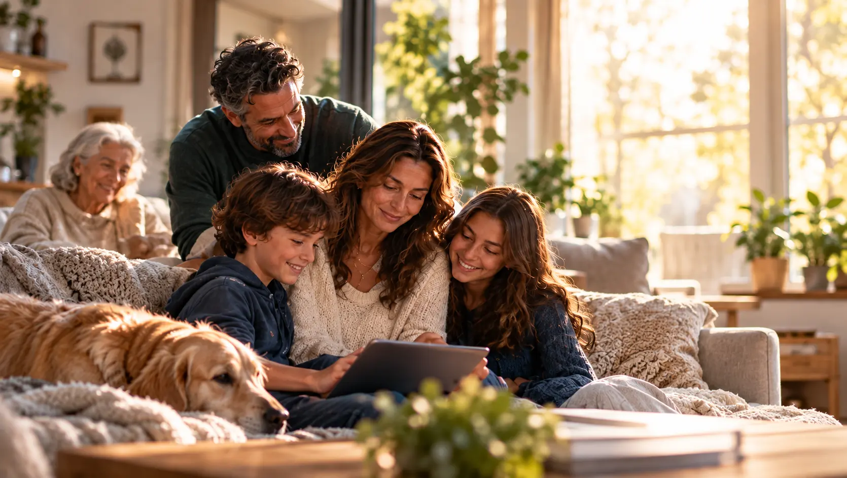Three generations of a family on a sofa, looking at a tablet together