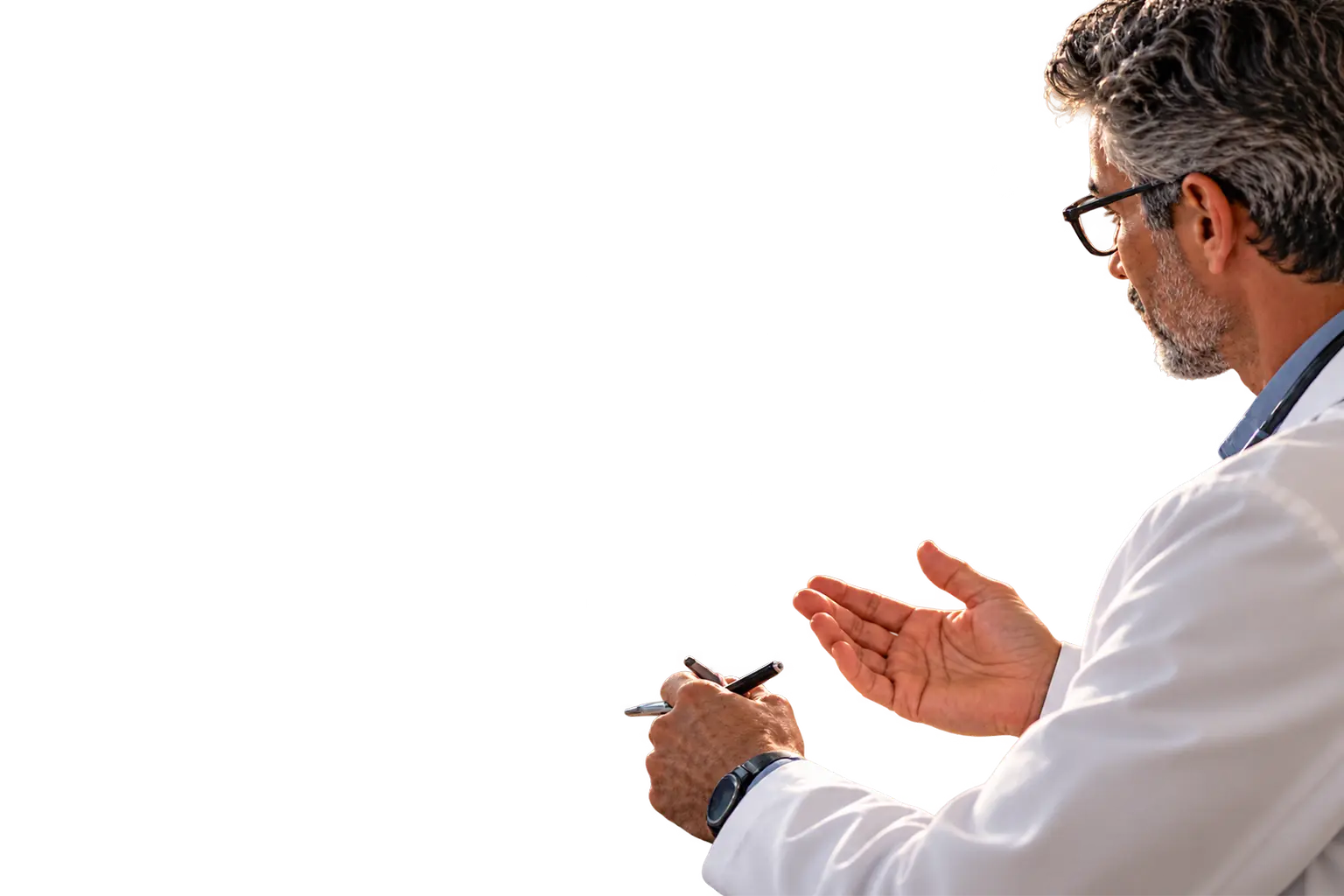 A doctor in a white coat, listening