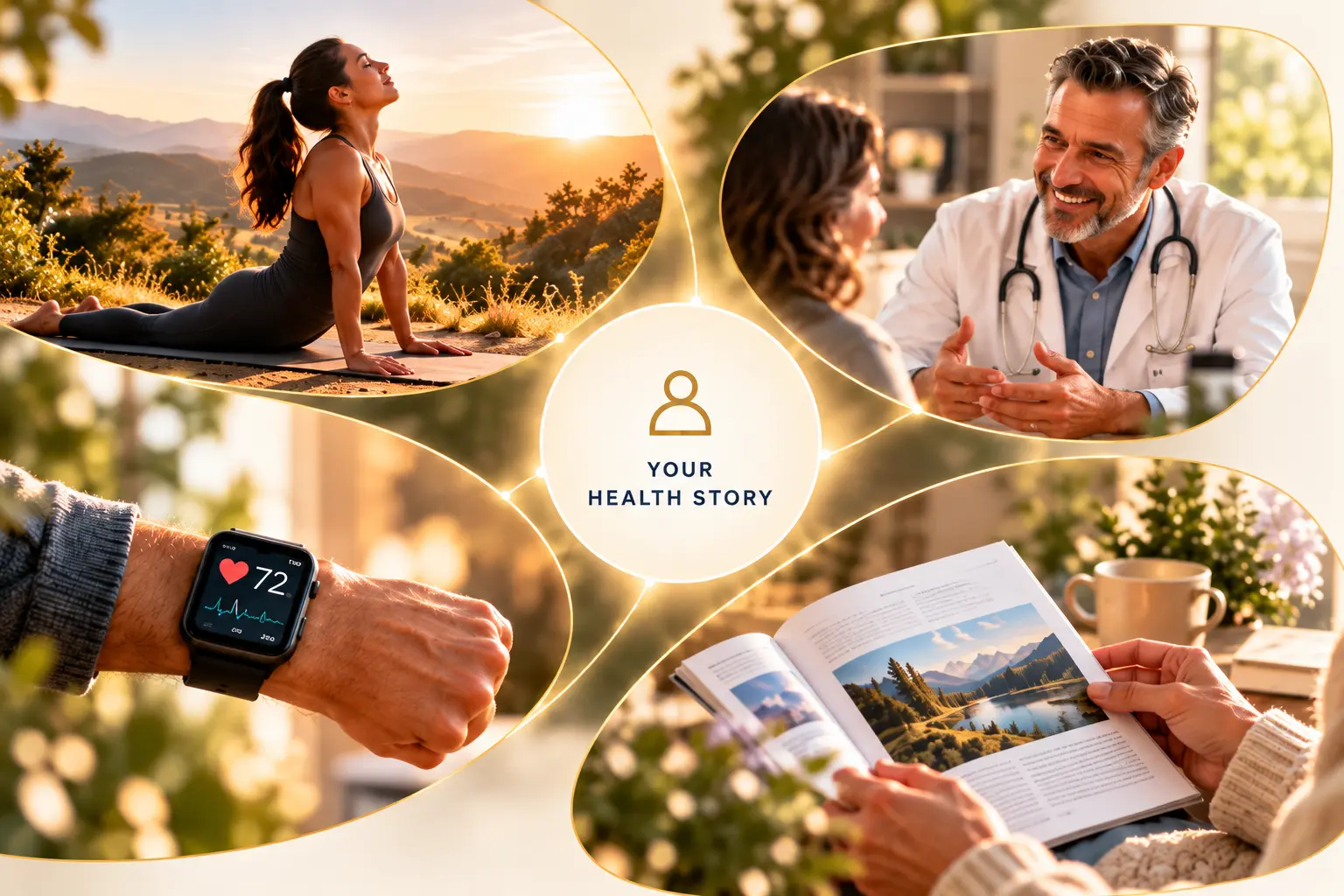 A collage of movement, a doctor visit, a wearable and reading about lab results, linked around your health story