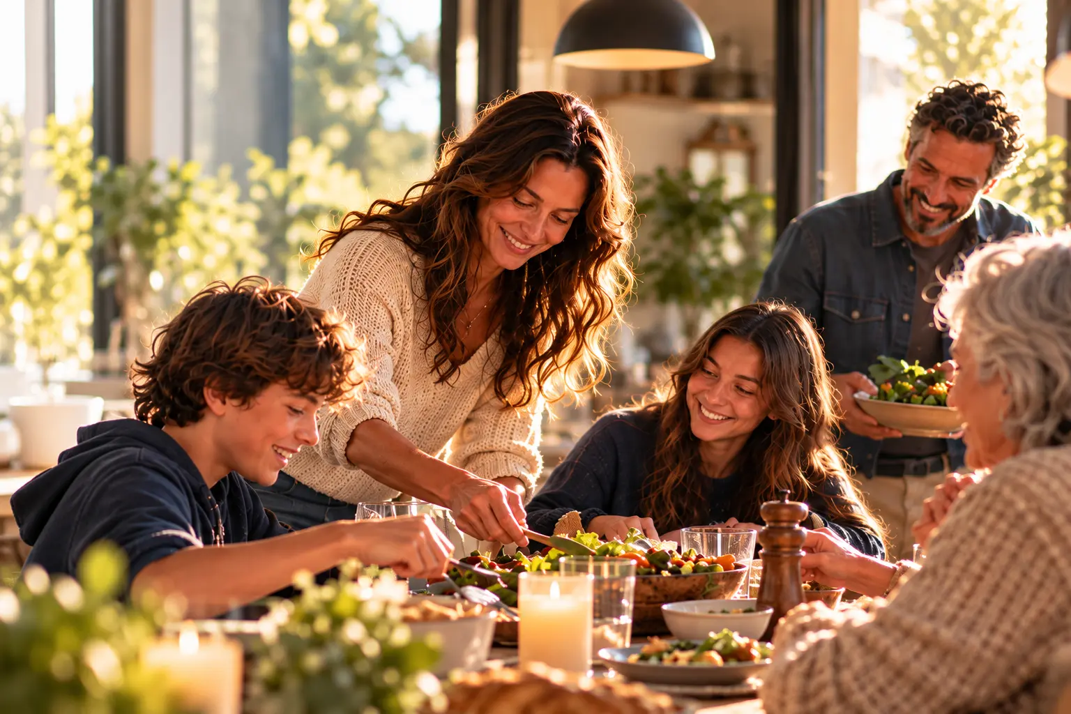A family sharing dinner around a sunlit table